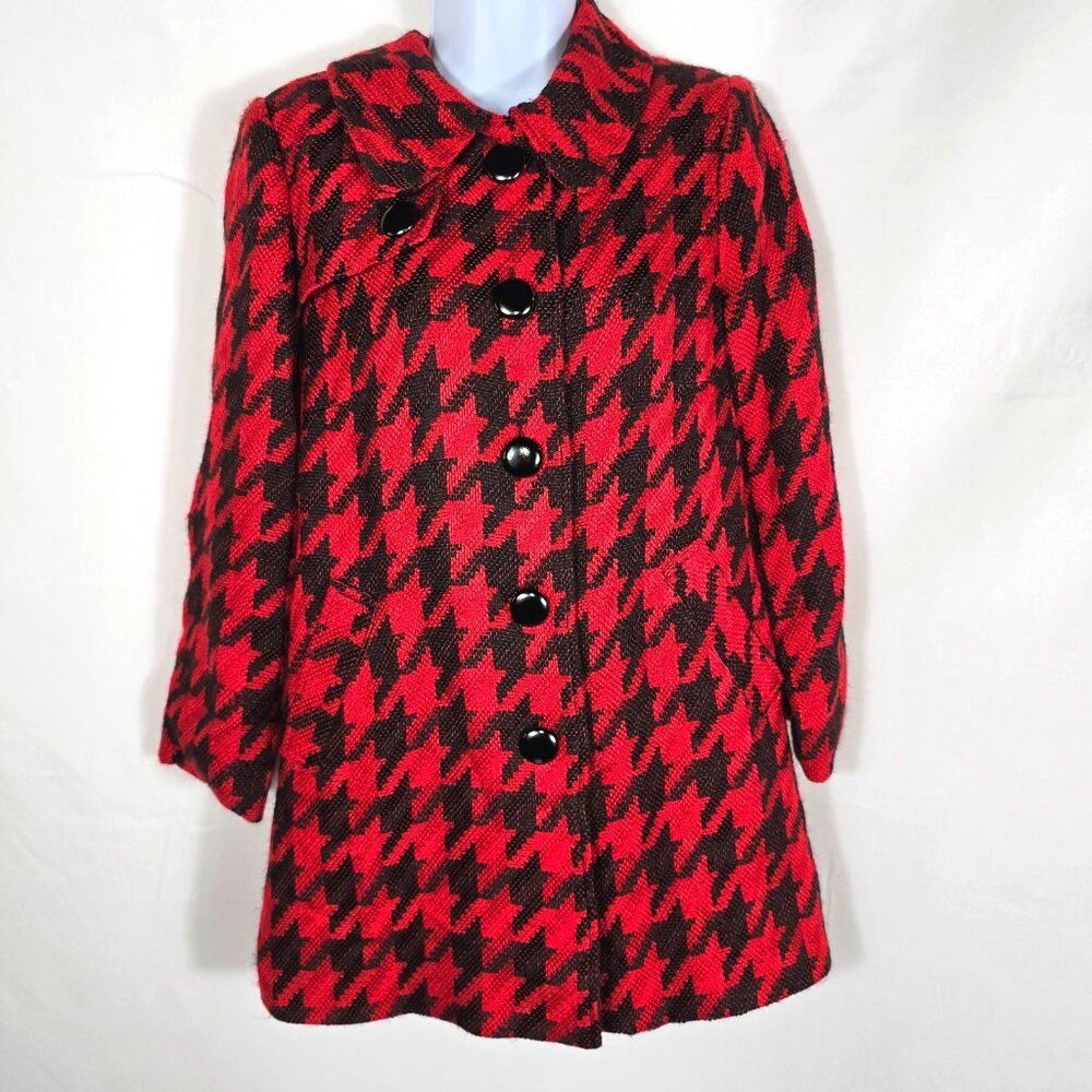 WDNY Womens Houndstooth Coat Sz 4 Red & Black Button Up Peacoat Trench Coat Midi